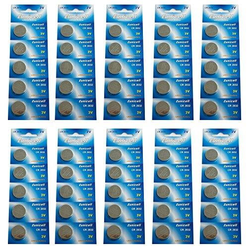 Eunicell Batteries CR2032 5004LC Lithium Blister 3V 3 Volts (50 pcs)