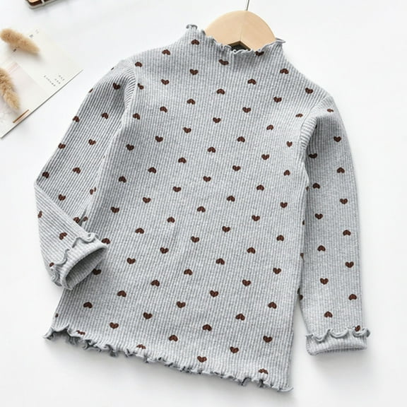 Tfken Toddler Child Girls T-Shirts High Neck Long Sleeve Heart Print Tee Fashion Trendy Tops Grey Size 18-24 Months