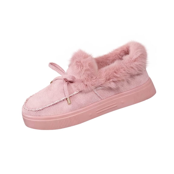 Pink Women's Winter Fleece Lined Thermal Snow Boots Solid Color Bow Round Toe Padded Toe Thick Sole Flat Cotton Shoes Winter Thermal Outfit Size 5.5
