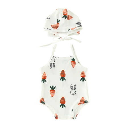 

Baby Girl Strap One Piece Cartoon Bear Rabbit Swimsuit Sunsuit Swimwear Bathing Suits Hat Set
