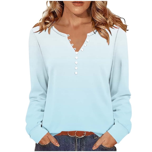 Enjoytime Womens Blouses Gradient V-Neck Open Button Long Sleeve Shirts Business Casual Work Plus Size Fall Tops Light Blue XL