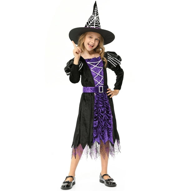 Disfraz de bruja para niñas, traje de fiesta de Halloween, conjunto de cosplay con sombrero, disfraz de cuento de hadas para niñas