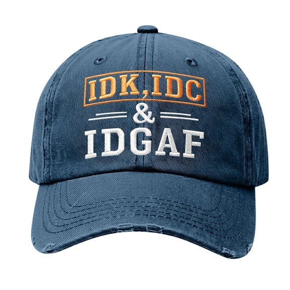 IDK IDC and IDGAF Hats, Denim Blue Embroidered Baseball Cap, Funny Adjustable Distressed Dad Hat for Men and Women, Daily Wear