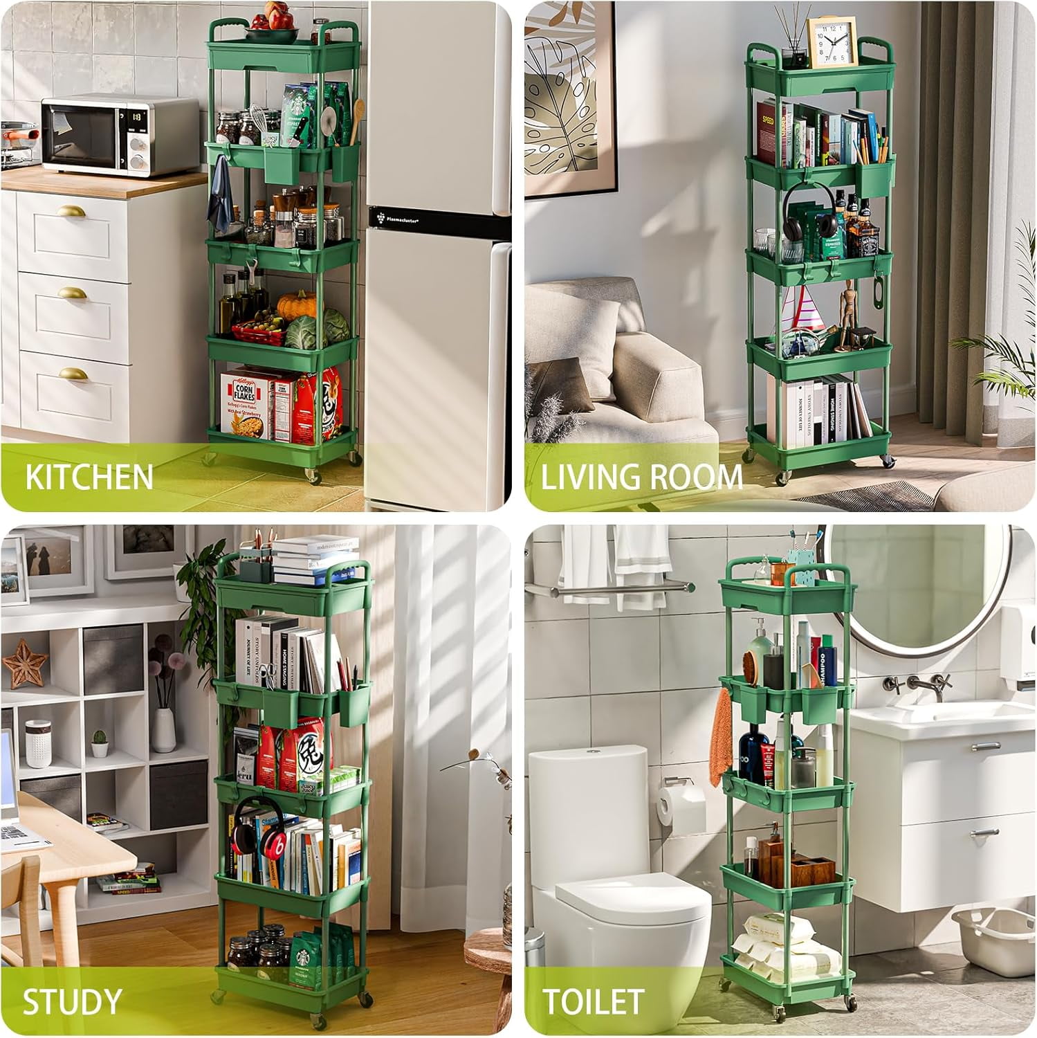 5 Tier Rolling Utility Cart, Mobile Storage Shelves with Wheels for Bathroom Laundry Office Home, Green