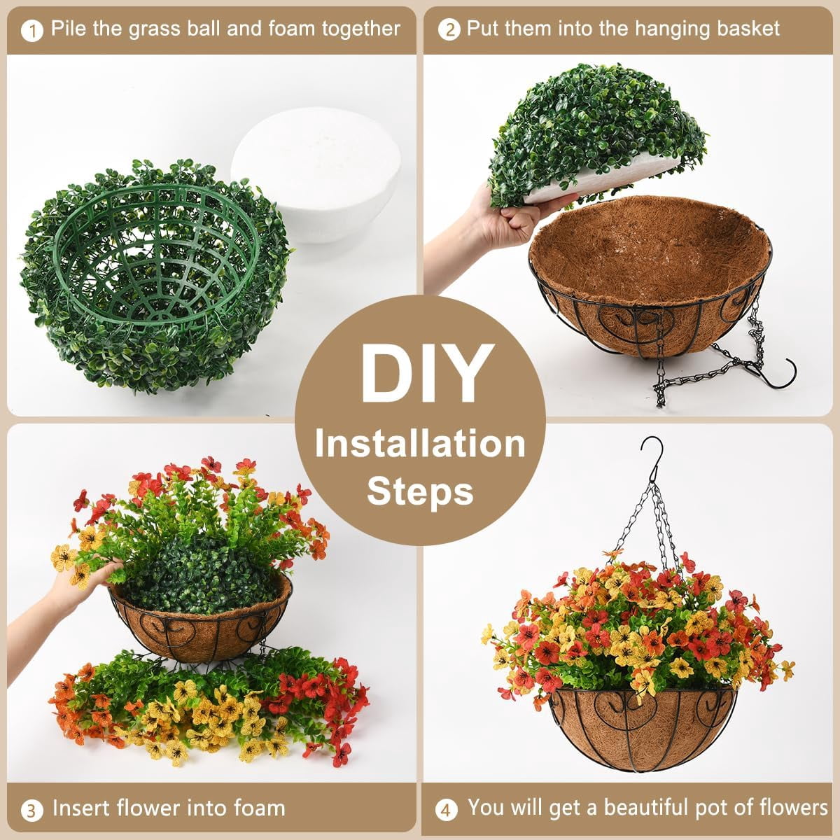 Artificial Faux Hanging Plants Flowers Basket Outdoor Indoor Patio Lawn Garden Spring Decor,Fake Silk Daisy in Basket with 12inch Coconut Lining Chain Palm Flowerpot(Red Orange Yellow)