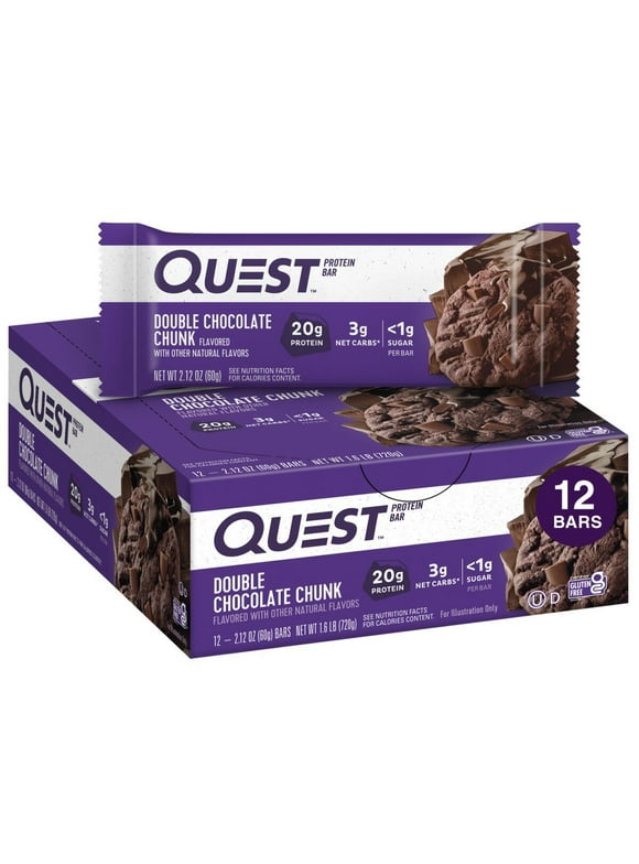 Quest Double Chocolate Chunk Flavor Protein Bars, High Protein, Gluten-Free, 12 Count