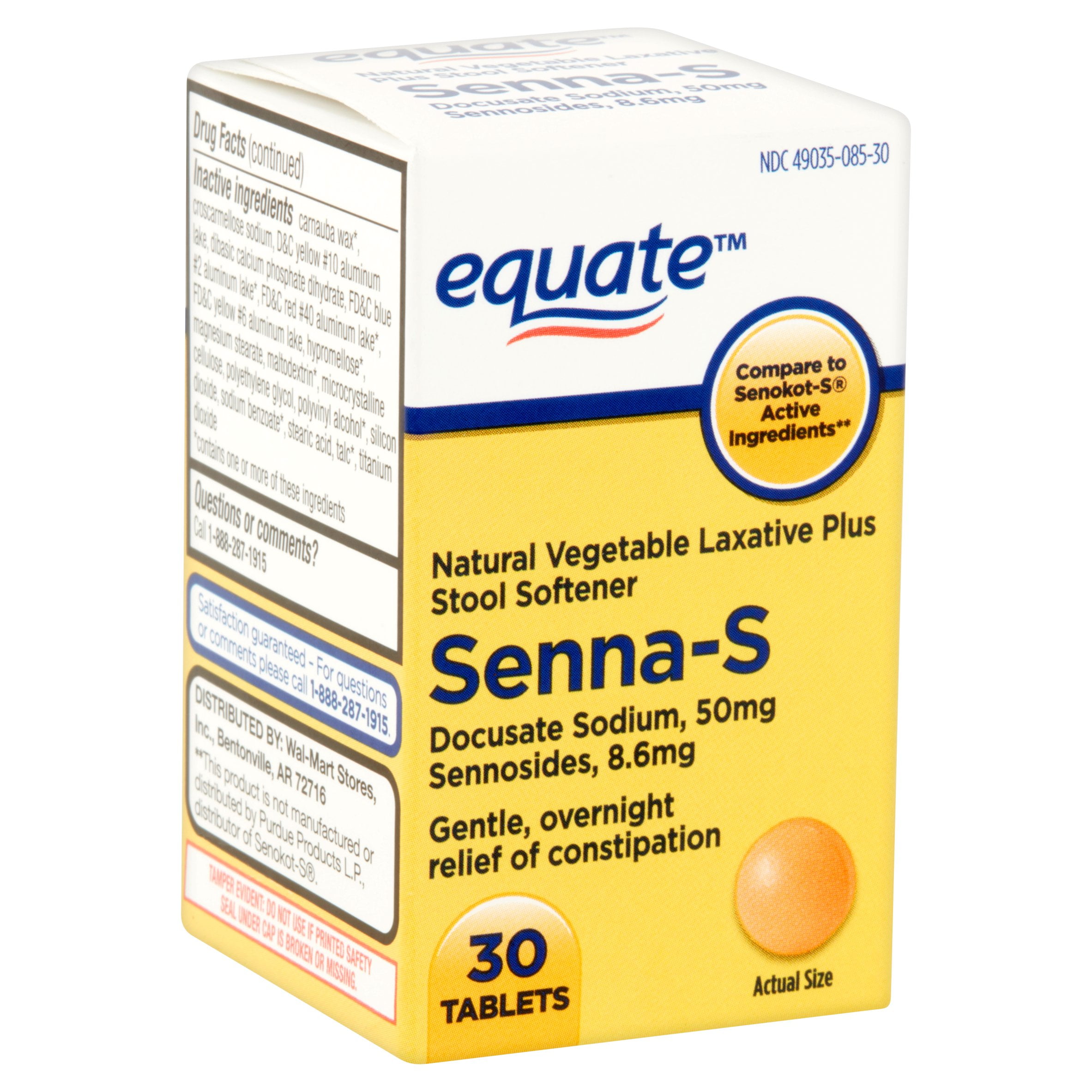Equate Senna S Natural Laxative Plus Stool Softener 50 Mg 30