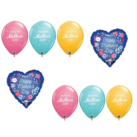 LOONBALLOON Mother's Day Theme Balloon Set, Standard Size Mother's Day Blue Artful Florals Balloon and 6x Latex Balloons