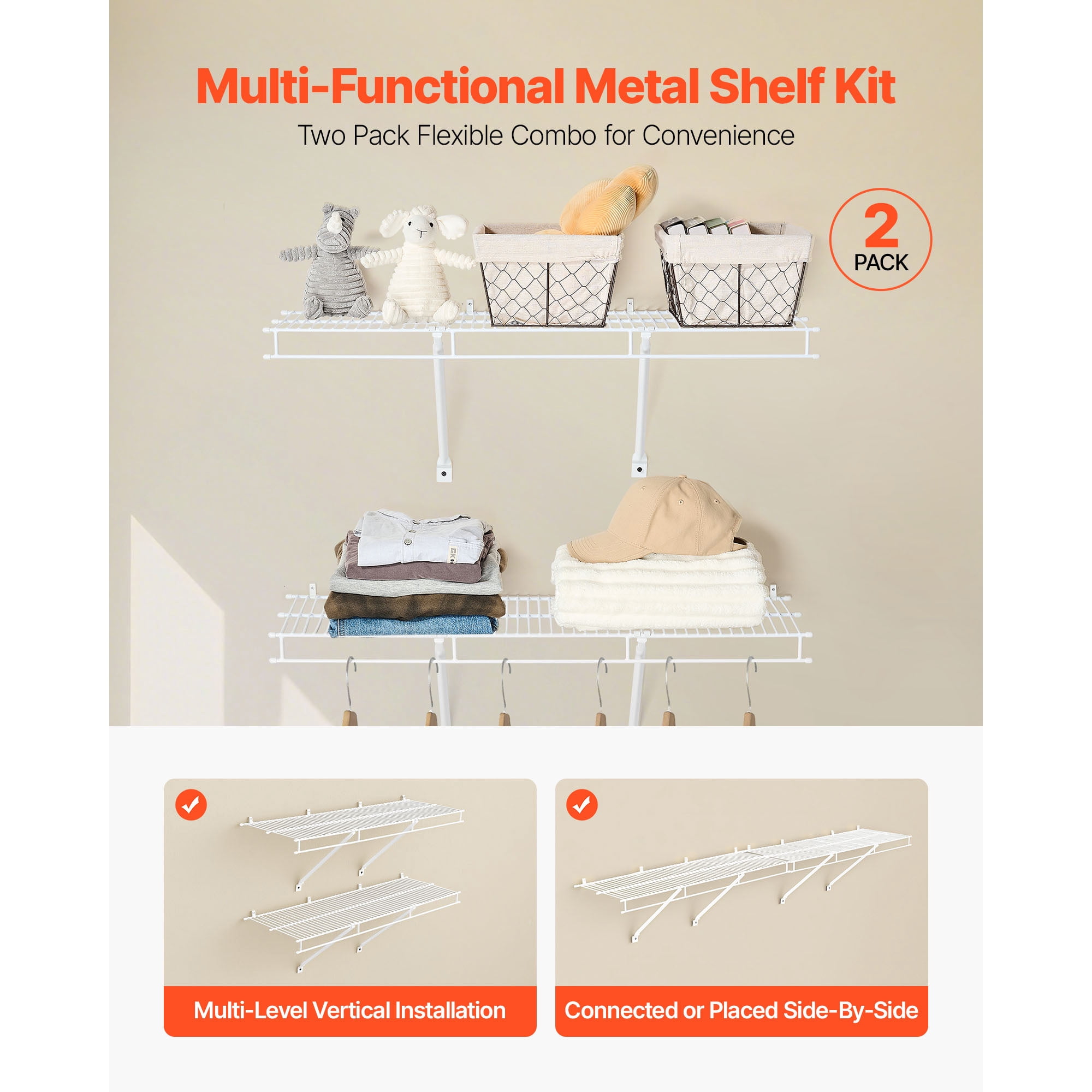 KFFKFF Wire Shelf Kit, 3 ft, Set of 2, Wall-Mounted Storage Shelves, Durable Carbon Steel Floating Shelves with Protective Coating, Ideal for Closet, Bedroom, Living Room, Office