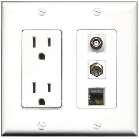 RiteAV - 15 Amp Power Outlet 1 Port Coax 1 Port Shielded Cat6 Ethernet Ethernet 1 Port BNC Decorative Wall Plate