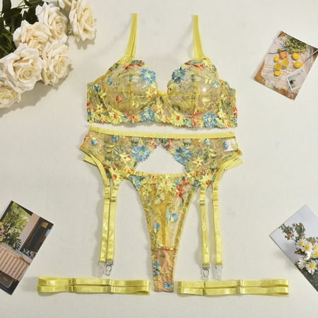 Generic Hot Sexy Lingerie Low Cut Underclothes Bra Sexy See-through Mesh Embroidery 4-Piece Set