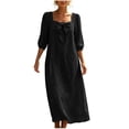 thumbnail image 5 of Ohufall Cotton Linen Dress for Women Bow Square Neck Maxi Dress 3/4 Sleeve Loose Solid Color Dresses, 5 of 8