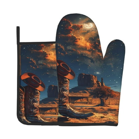 

Jgfou Cowboy Boots Under Starry Sky Pattern Oven Mitts and Pot Holders Sets Heat Resistant Oven Mittens Soft Lining Extra Thicken Long Kitchen Cotton Oven Glove for Cooking