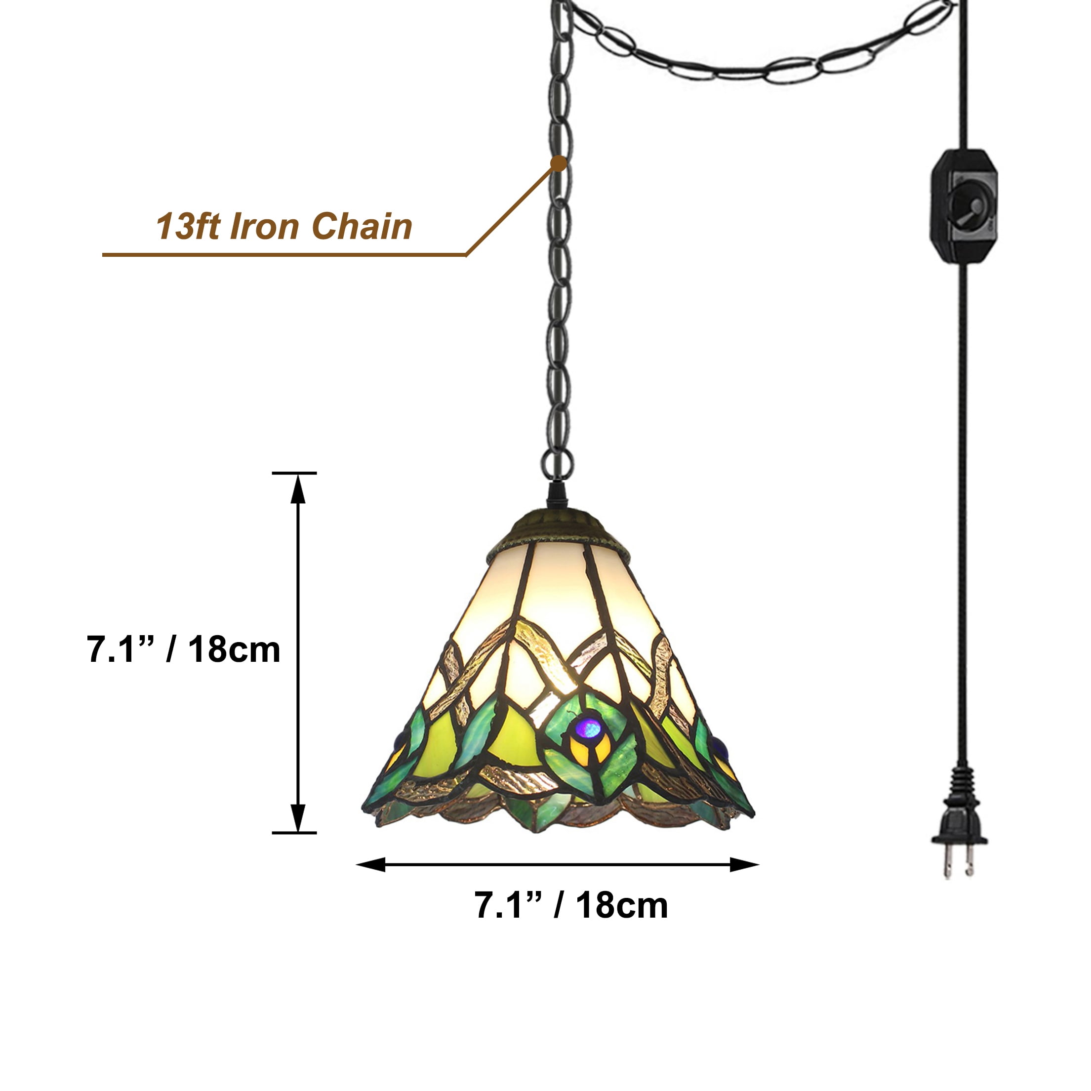 Kiven Plug in Pendant Light,E26 Socket Tiffany Style Hanging Light Fixture with 13ft Iron Chain, Dimmable,1-light