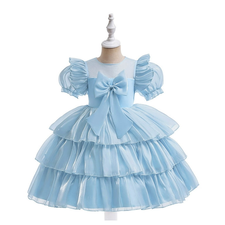 AJTQTH Girls Party Dress Mesh Crewneck Ruffles Puff Sleeve Satin Gowns Cute  Bowknot Tiered Puffy Dress Solid Color Elegant Nightgowns Blue 9 Years -  Walmart.com