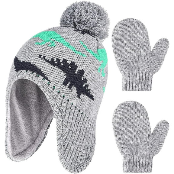 Boys Winter Hat Mitten Gloves Set Toddler Warm Beanie Earflap Baby Knit Fleece Lined Hat