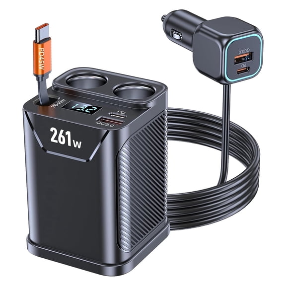 Car Charger, 261W Cigarette Lighter USB Charger Fast Charging, 12/24V Cigarette Lighter Splitter Adapter with Retractable Car Charger Road Trip Travel Essentials Car Accessories Gifts for Men Women