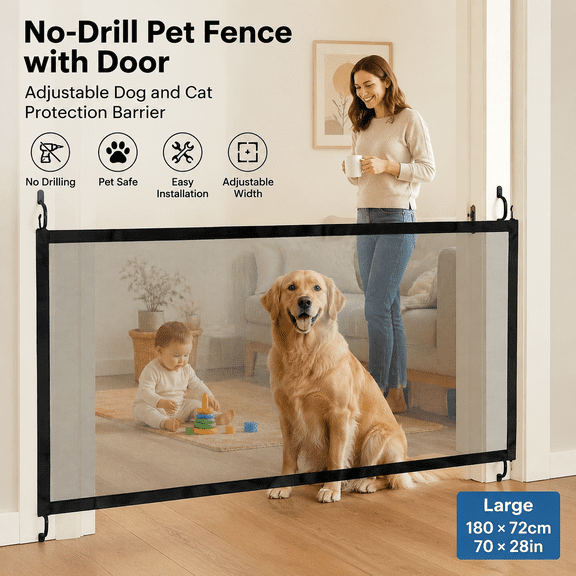 No-Drill Pet Fence with Door – Adjustable Dog and Cat Protection Barrier, Indoor Isolation Net for Staircase, Door Frames, and Home Use 70*28"