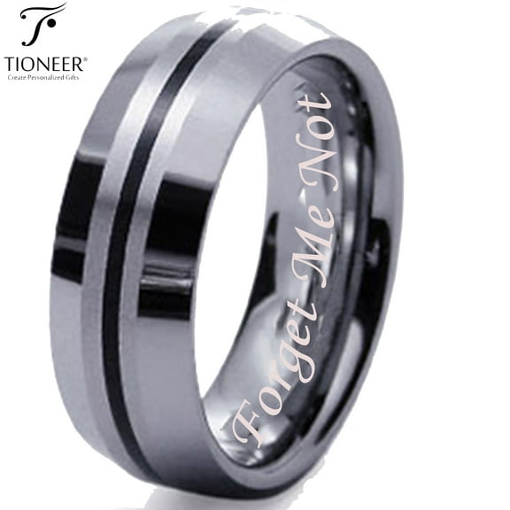 Tungsten Carbide Contemporary Black Strip Inlay Dome Wedding Band Ring Forget Me Not Engraved 8MM