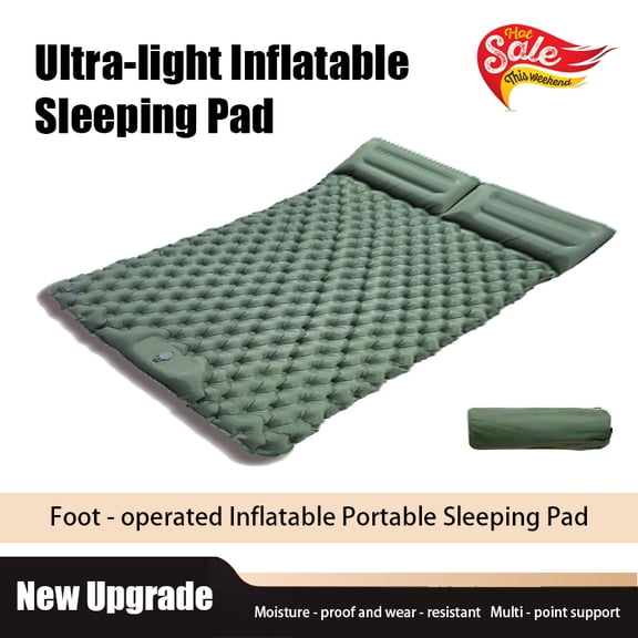 Double camping sleeping pad with built-in foot pump and pillows, made of TPU material, double-layer inflatable design, dual pillows, with storage bag, portable one-click inflation.