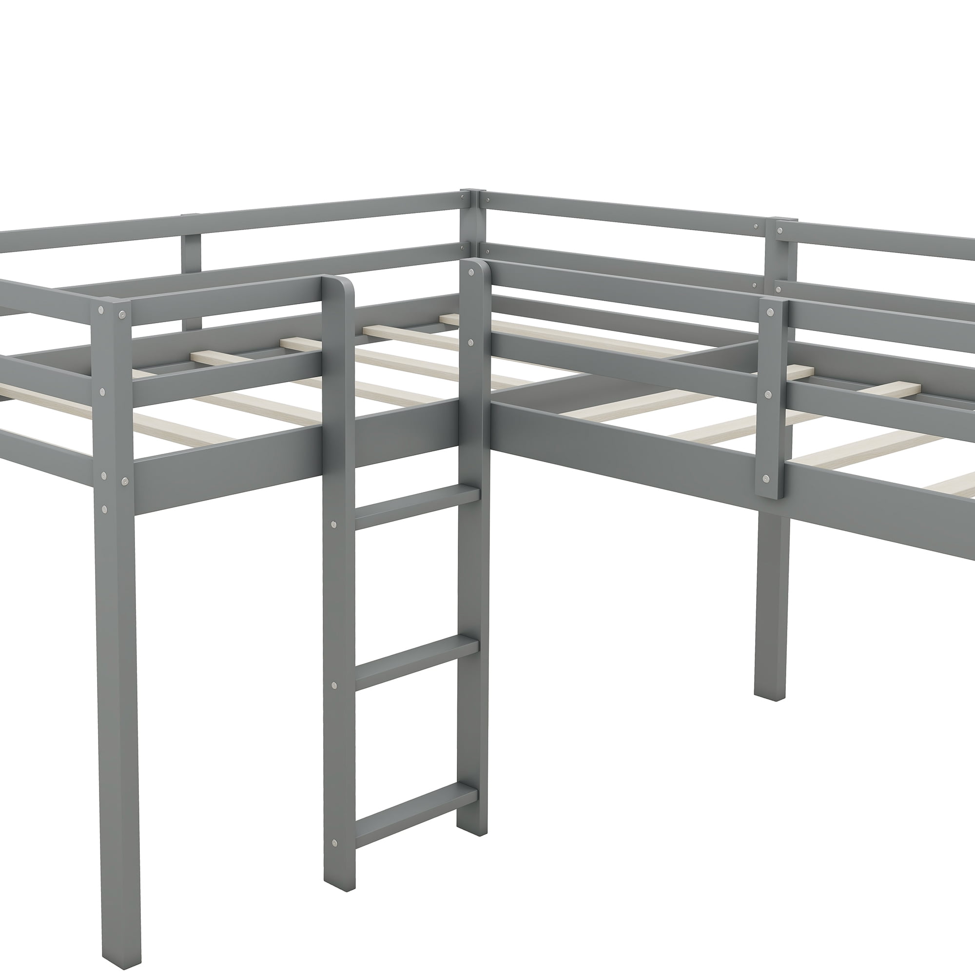 Euroco Twin L-Shaped Low Loft Bed with Movable Two-Tier Shelves for Kids Teens, Gray