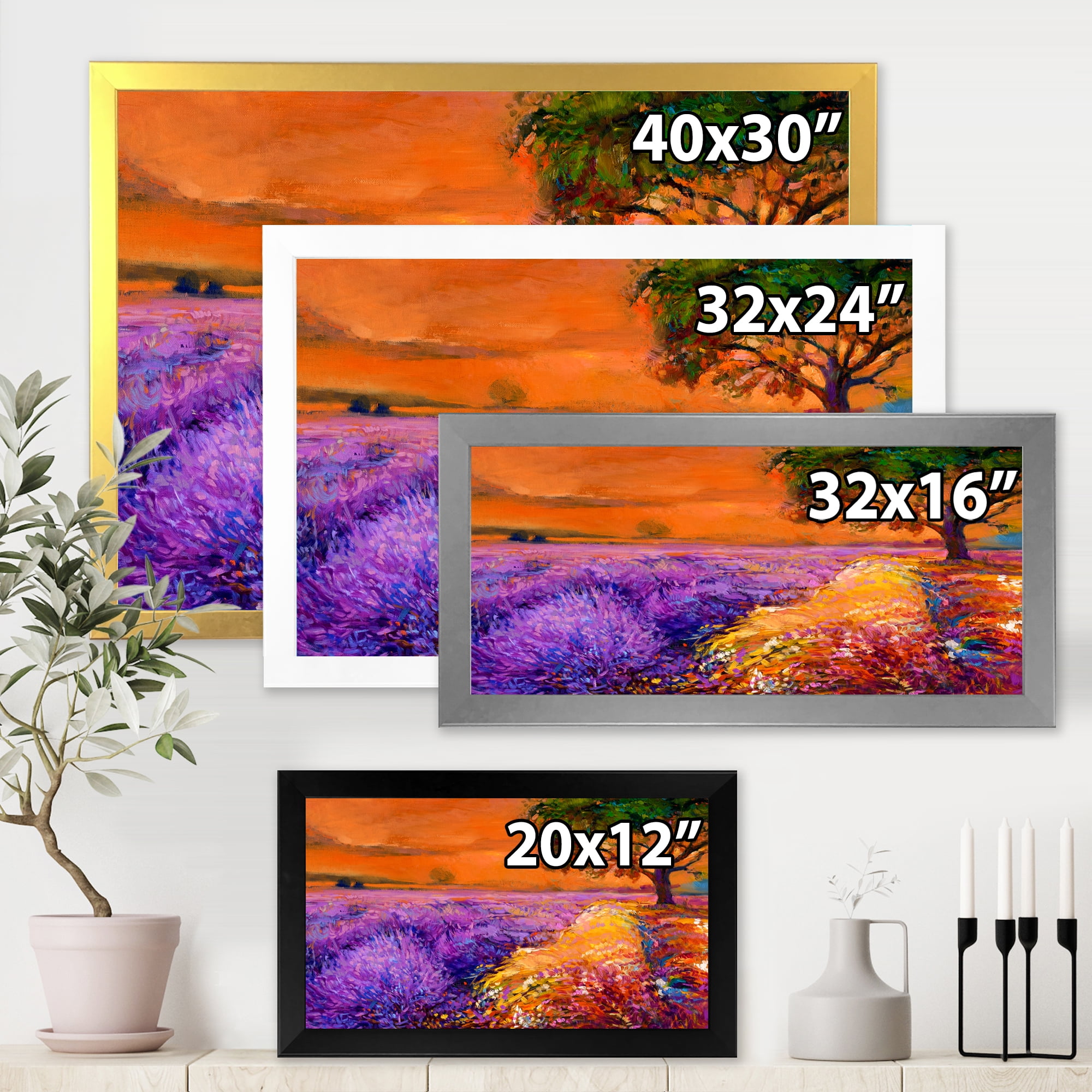 Designart 'An Orange Sunset Over Purple Lavender Fields II' Farmhouse Framed Art Print