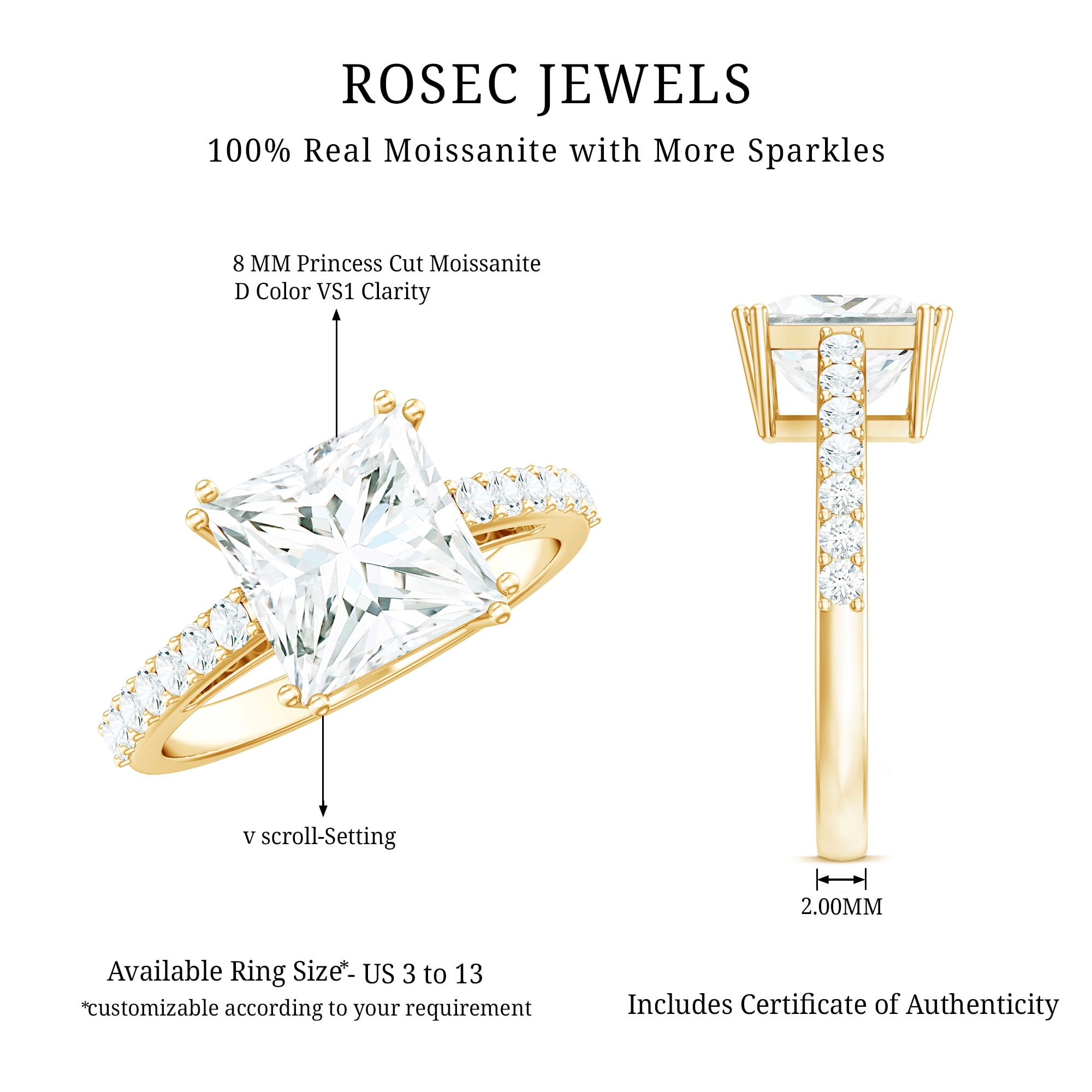 Rosec Jewels Moissanite Solitaire Engagement Ring for Women (8 mm Princess Cut Moissanite, 3 Ct, D-VS1 Grade), 14K Yellow Gold, US 13.00