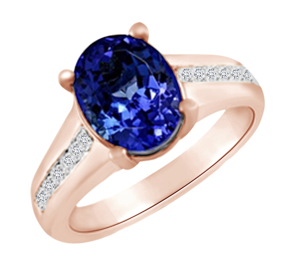 Simulated Blue Tanzanite & White Natural Diamond Engagement Wedding Ring In 14k Rose Gold (3 cttw)With Ring Size:-4 by Jewel Zone US