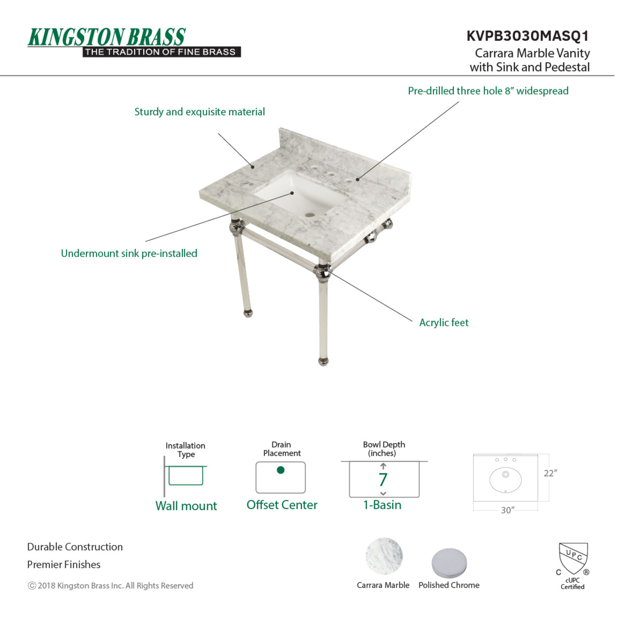 Kingston Brass KVPB3030MASQ1 Templeton 30" Carrara Marble Vanity Top with Acrylic Legs (8-Inch, 3-Hole), Carrara Marble White/Polished Chrome