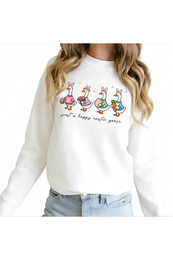 White Print Sweatshirt Graphic Sweatshirt S-3XL Happy Easter Goose Print Spring Casual Tops