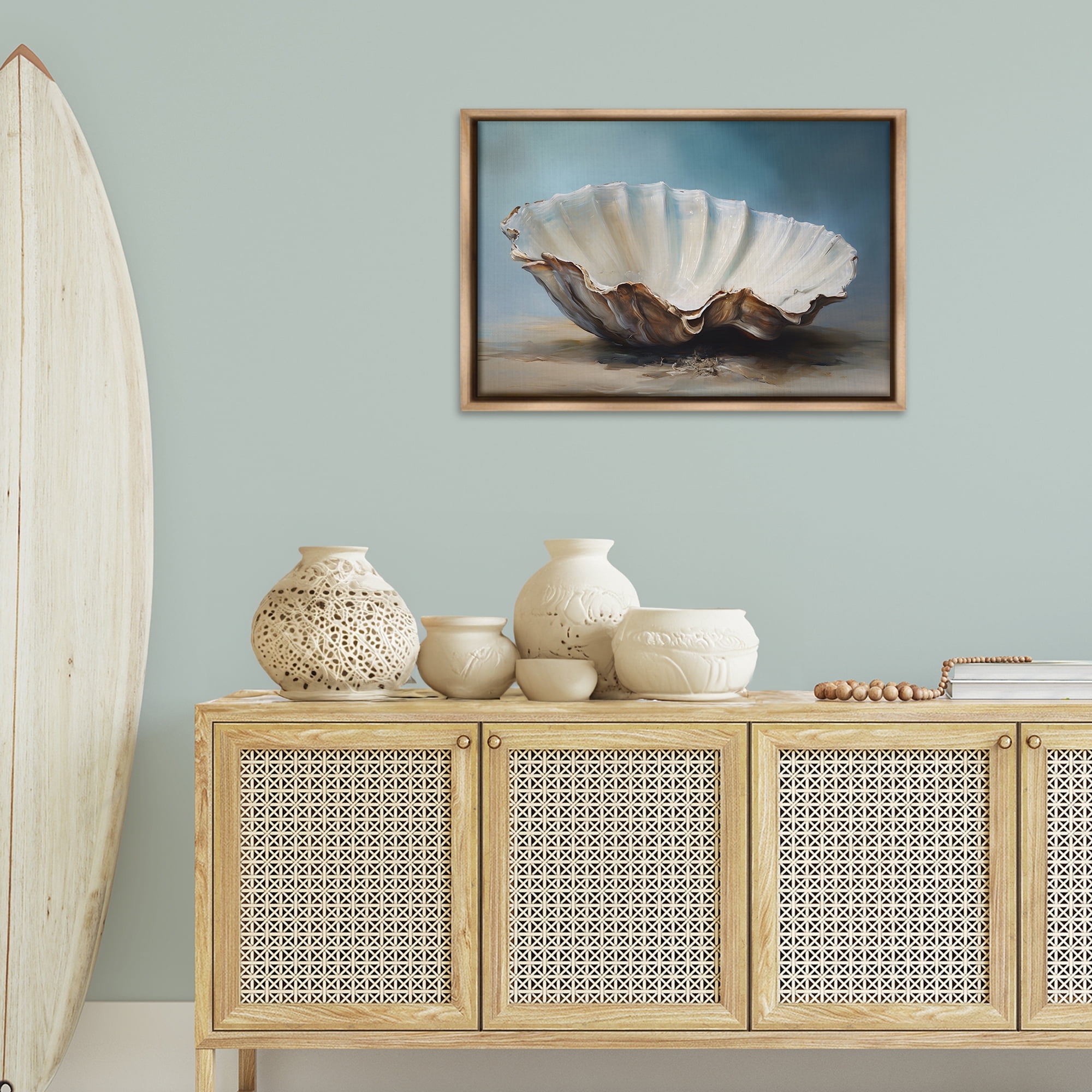 Stupell Industries Neutral Beach Seashell Nautical & Beach Painting Brown Floater Framed Canvas Art Print Wall Art, 31 x 21