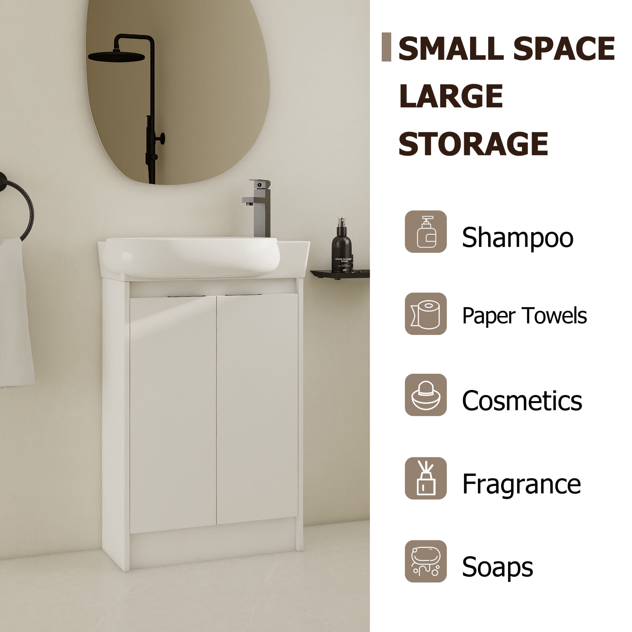 Noble House 23" Freestanding Bathroom Vanity with Sink, Soft Close Doors, Modern Storage Cabinet for Small Bathroom or Powder Room, Glossy White