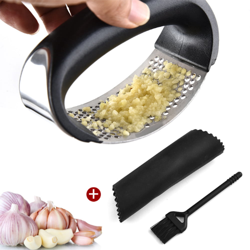 Stainless Steel Handheld Garlic Mincer Rolling Crusher Ginger Press Squeezer and Silicone Tube Garlic Peeler with Clean Brush 3 Pieces JTENGYAO Garlic Press Rocker Set