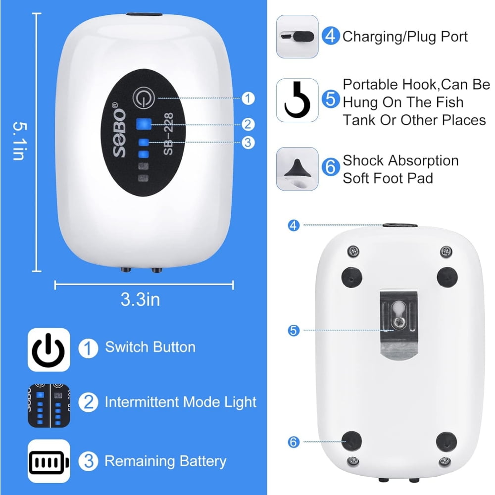 SOBO Aquarium Fish Tank Oxygen Air Pump Compressor Charging Silent USB with Battery Portable Fishing Oxygenator 6000mA Outdoor