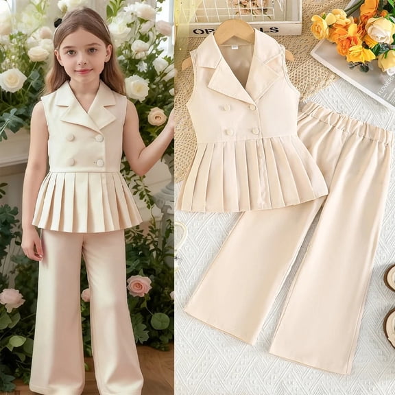 Children Casual Blazer Outfits For Girls Sleeveless Lapel Pleated Vest Suit Coat and Pants Fashion Trendy Suit For Kids Girls