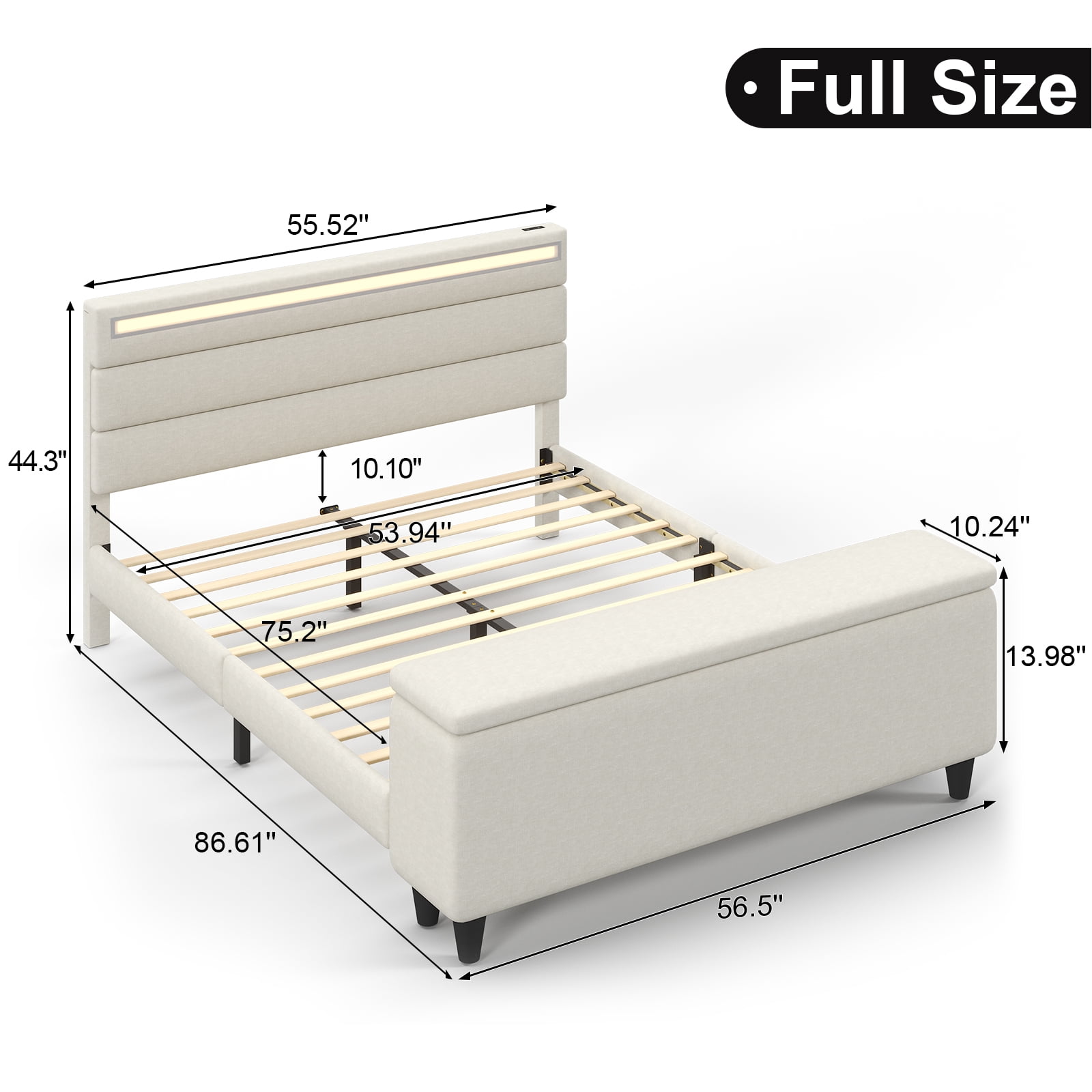 E-motie Full Upholstered Bed Frame with Storage Ottoman, Charging Station and LED, Beige Full Bed
