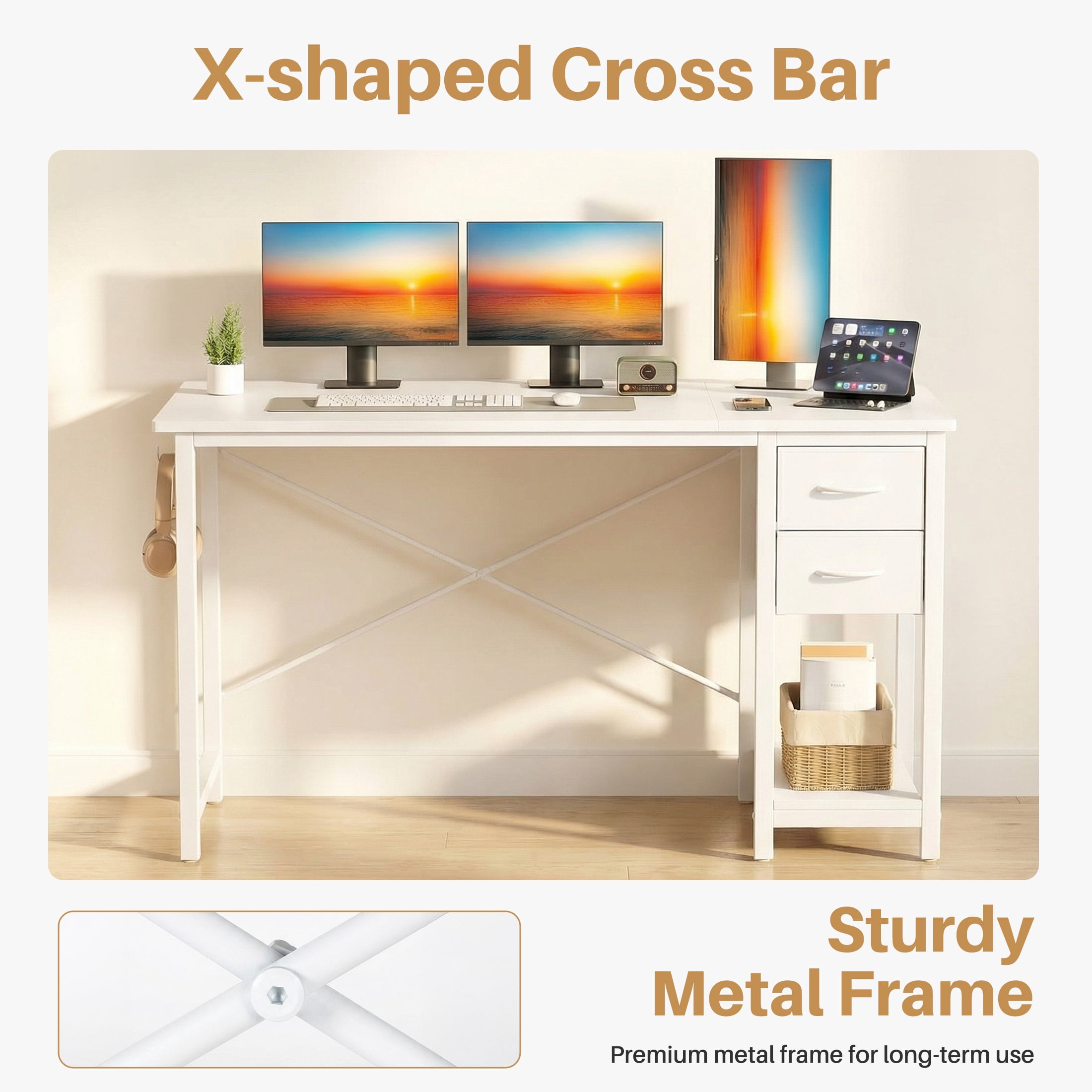 edx Computer Desk with 2 Drawers 40 Inch PC Table Study Writing Desk with Storage Shelf Headphone Hook, Simple Style Small Desk for Home, White