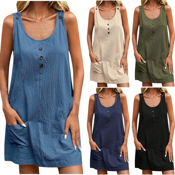 Antinious Women Sleeveless Round Neck Solid Pocket Button Casual Dress