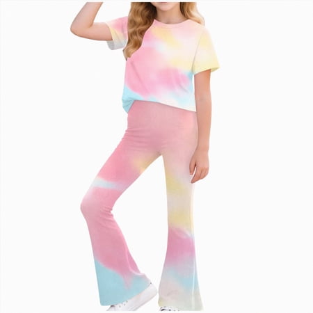 JUMEYU Tween Girls Clothes Girls Clothes 2 Piece Summer Outfits Slim Short Sleeve Shirt and Leggings Set Kids Sets Size 11-12 (Pink 11-12 Years)