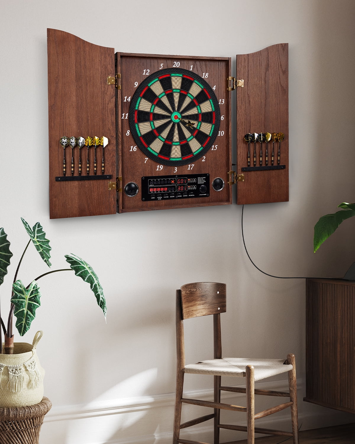 Yirinatek Electronic Dart Board, Decorative Dart Board Cabinet Set for Adults [12*Bronze Soft Tip Darts] [Cricket Game Mode]- Wooden Electric Dartboard Cabinet for Family Game Rooms [Coffee]