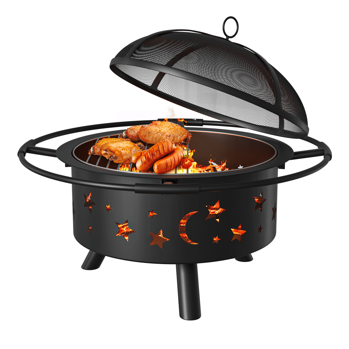 Cosmic Outdoor Fire Pit 30 Inch Round, Crossfire 29.50 In Steel Fire Pit With Cooking Grate
