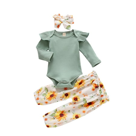 

XingqingBaby Girls Long Sleeve Tops + Floral Print Long Pants + Bow-knot Headband