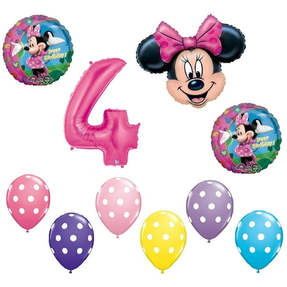 MINNIE MOUSE #4 4th Pink Bow Birthday Party Decoration Mylar & Latex Balloon Set