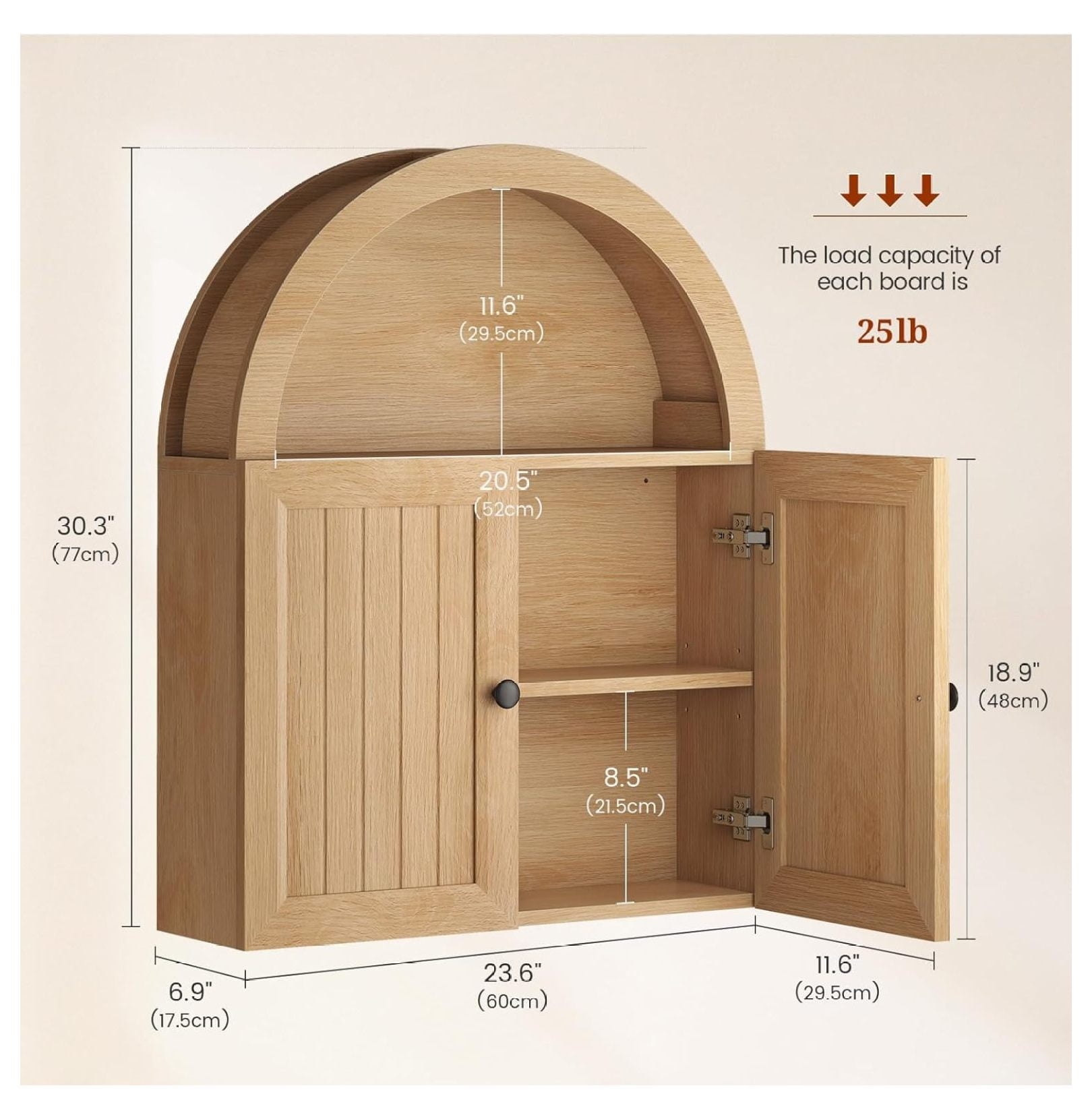 SONGMY Arched Bathroom Wall Cabinet, 23.6 x 30.3'' Over The Toilet Cabinet with Grille Door, Adjustable Shelf, Wall Mounted Cabinets for Bathroom Laundry Room Kitchen (Oak, 30IN)