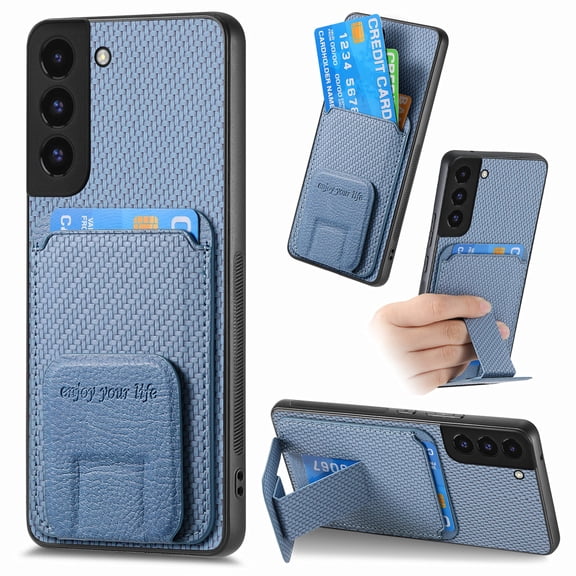 Magnetic Carbon Fiber Case for Samsung Galaxy S24 Plus with Holder Kickstand, Fiber Texture Wallet Phone Case with Card Holder Durable Military Grade Protection Cover for Galaxy S24 Plus, Blue