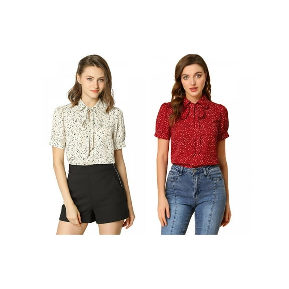 NOMADIC NOOK Women's 2 Packs Dots Short Sleeve Bow Tie Peter Pan Collar Chiffon Blouse