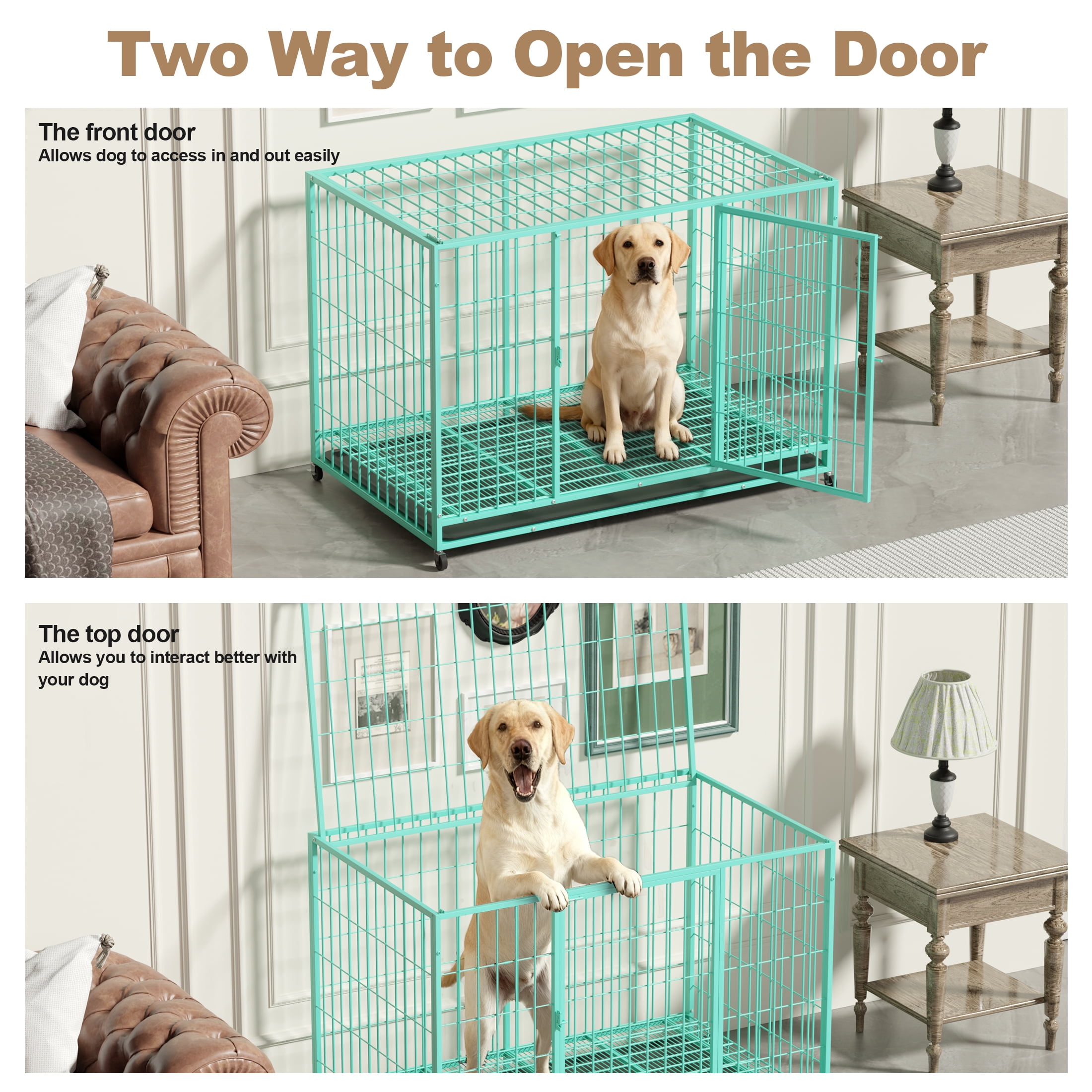 TIME RAY 48" Metal Wire Dog Crate for Large Dogs with Tray, Double Door, Puppy Dog Cage for Yard Indoor Outdoor Use,XL Dog Cage Kennel,Green