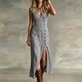 thumbnail image 5 of SAWOBUUN Womens Summer Cotton Maxi Dress Sleeveless V Neck High Waist Button Down Long Dress Side Slit for Beach Vacation, 5 of 9