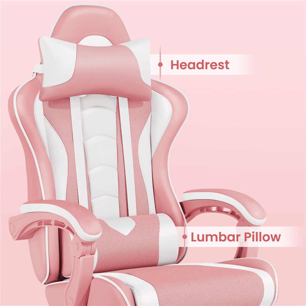 Alden Design Ergonomic High Back Gaming Chair with Massage Lumbar Pillow, Pink/White