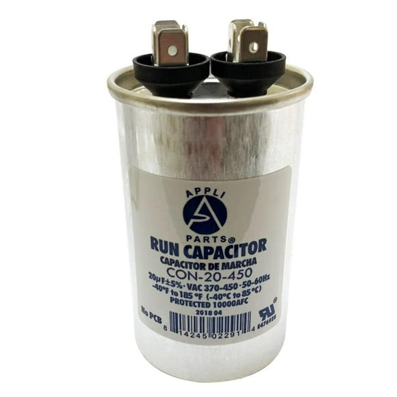 Appli Parts Run Capacitor for ac 20 Mfd uF (microfarads) 370 VAC or 450 VAC CBB65 Round Universal fit for hvac and other applications 3-3/8 in High 1-3/4 in Wide CON-20-450
